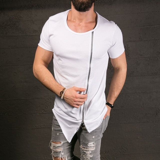 New Fashion Asymmetrical Men Long T shirt  Side Zipper O Neck Short Sleeve T-Shirt Hip Hip Tops Tee Long middle zipper tshirt