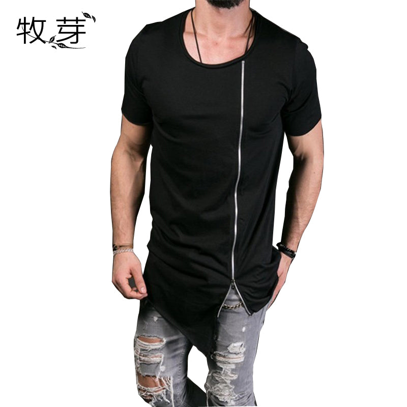 New Fashion Asymmetrical Men Long T shirt  Side Zipper O Neck Short Sleeve T-Shirt Hip Hip Tops Tee Long middle zipper tshirt