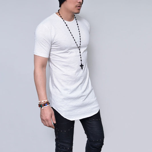 2018 New Arrived Men Short sleeve t shirt GRAIN Slub cotton tshirt men Extened Longline curve hem streetwear t-shirt men