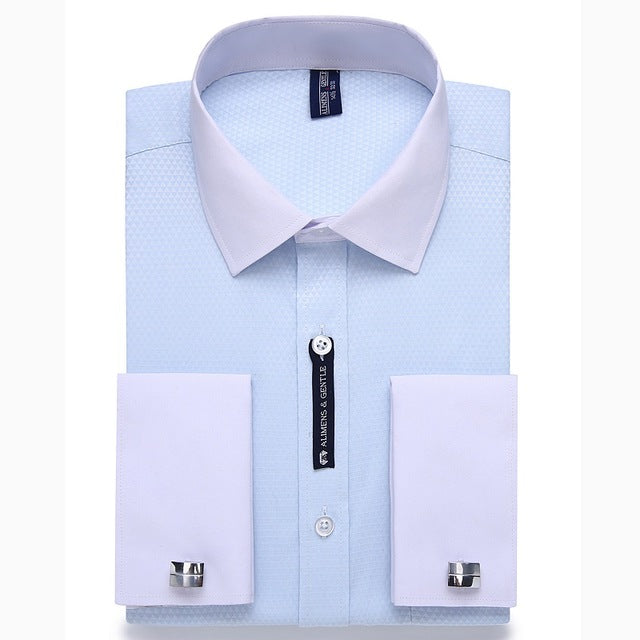 Alimens & Gentle Mens French Cuff Dress Shirt Men Long Sleeve Solid Color Striped Style Cufflink Include 2019 Fashion New