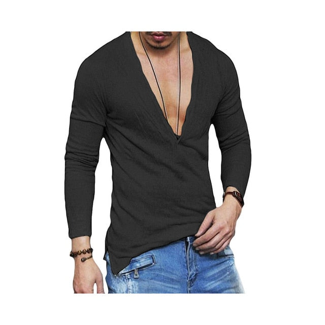 US Stock Fashion Men Casual Slim Fit Long Sleeve Deep V-neck Sexy Shirt T-shirts