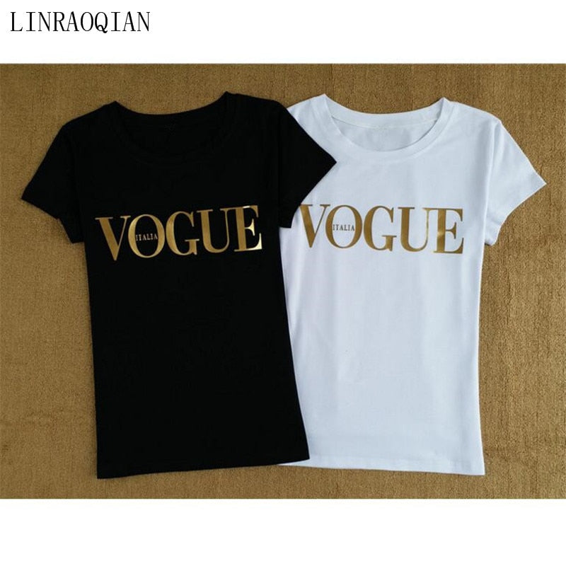 Gold Color VOGUE Print Tshirt Women Tops Summer Short Sleeve O-Neck Tee Shirt Femme Cotton T Shirt Women Harajuku Camiseta Mujer