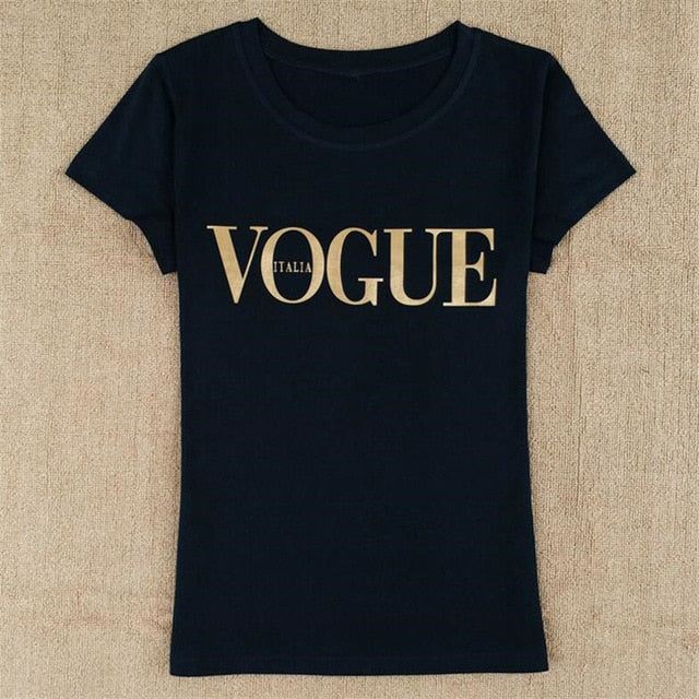 Gold Color VOGUE Print Tshirt Women Tops Summer Short Sleeve O-Neck Tee Shirt Femme Cotton T Shirt Women Harajuku Camiseta Mujer