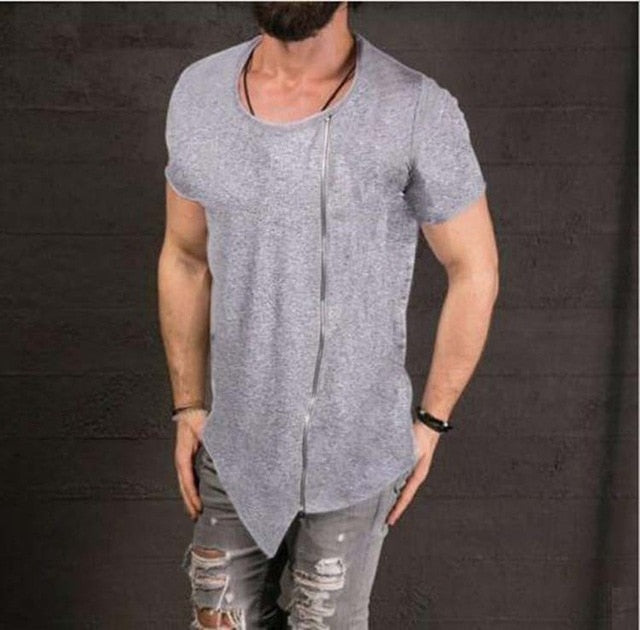 New Fashion Asymmetrical Men Long T shirt  Side Zipper O Neck Short Sleeve T-Shirt Hip Hip Tops Tee Long middle zipper tshirt