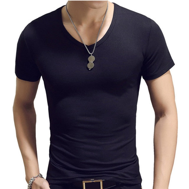 Elastic V Neck Men T Shirt Mens Fashion Short Sleeve Tshirt Fitness Casual Male T-shirt Brand Clothing Tee Tops 5XL