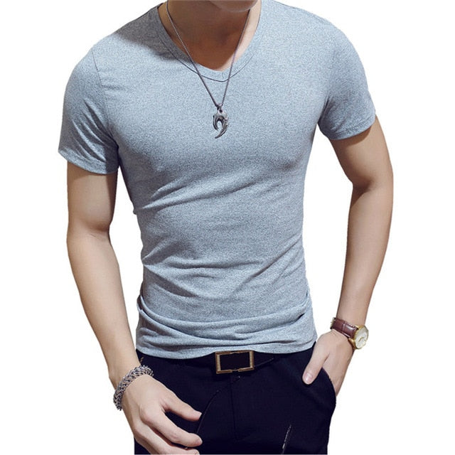 Elastic V Neck Men T Shirt Mens Fashion Short Sleeve Tshirt Fitness Casual Male T-shirt Brand Clothing Tee Tops 5XL