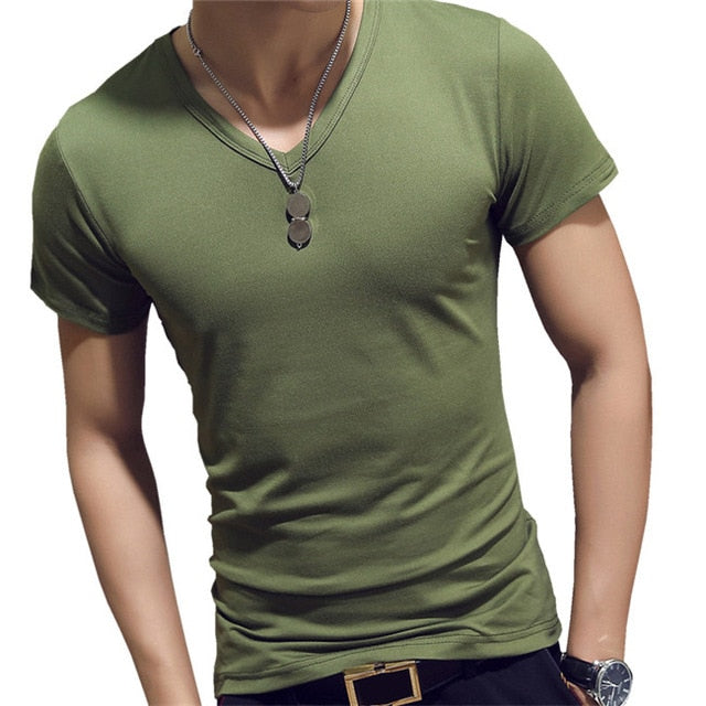 Elastic V Neck Men T Shirt Mens Fashion Short Sleeve Tshirt Fitness Casual Male T-shirt Brand Clothing Tee Tops 5XL