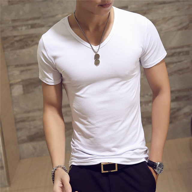 Elastic V Neck Men T Shirt Mens Fashion Short Sleeve Tshirt Fitness Casual Male T-shirt Brand Clothing Tee Tops 5XL