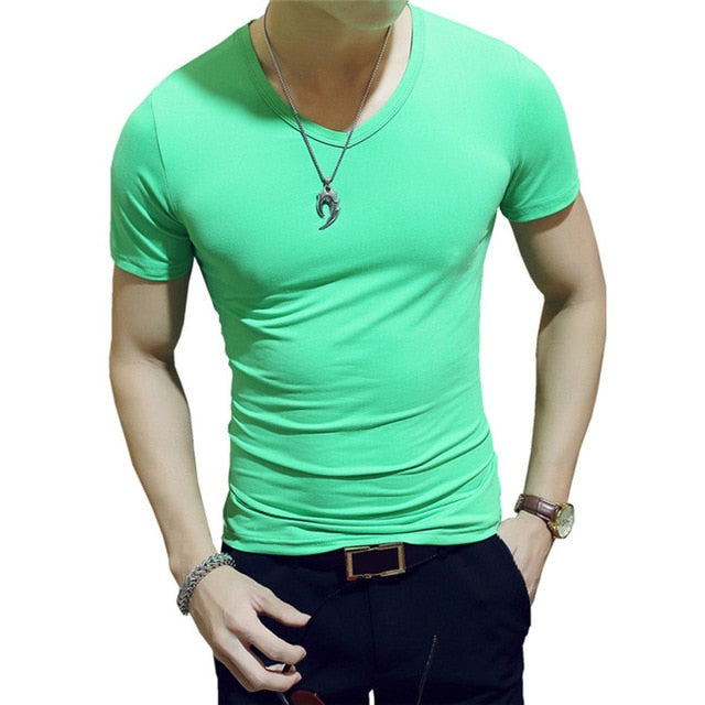 Elastic V Neck Men T Shirt Mens Fashion Short Sleeve Tshirt Fitness Casual Male T-shirt Brand Clothing Tee Tops 5XL