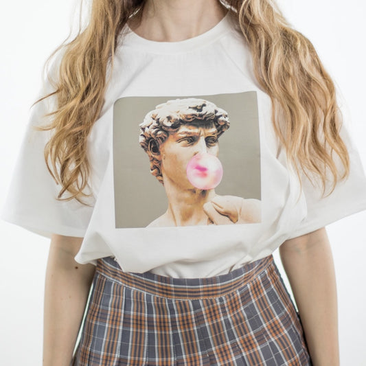 David Michelangelo Summer Short Sleeve Printed statue Bubble gum chewing gum print Fun Harajuku tshirt Plus size new T-shirt