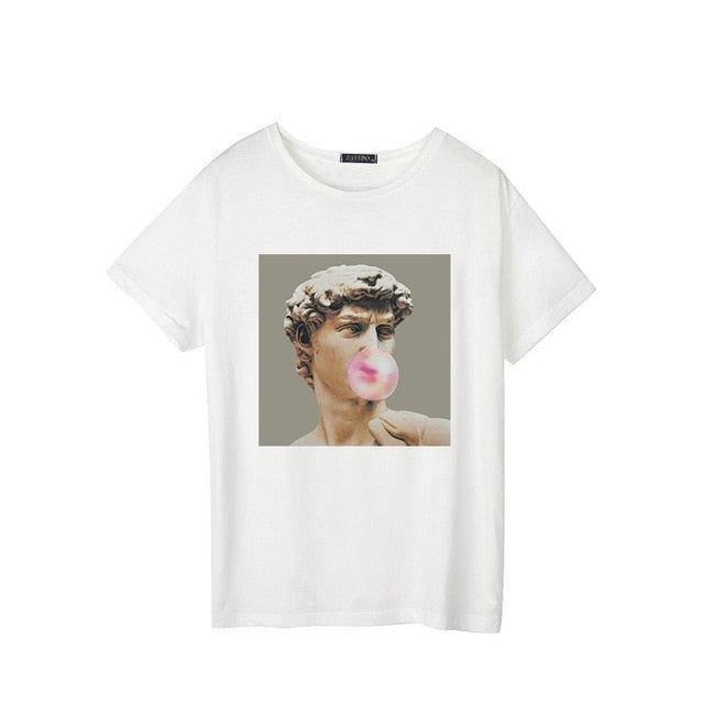 David Michelangelo Summer Short Sleeve Printed statue Bubble gum chewing gum print Fun Harajuku tshirt Plus size new T-shirt