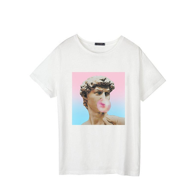 David Michelangelo Summer Short Sleeve Printed statue Bubble gum chewing gum print Fun Harajuku tshirt Plus size new T-shirt