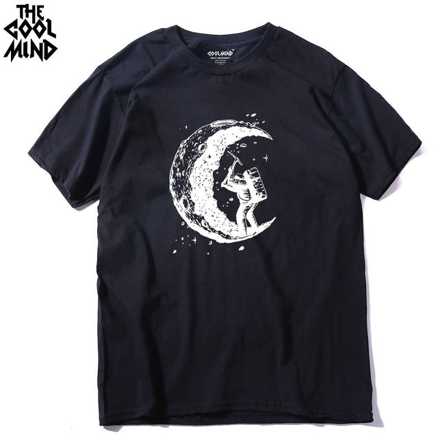 COOLMIND 100% cotton casual short sleeve moon theam men T shirt o-neck  knitted comfortable fabric street style men t-shirt