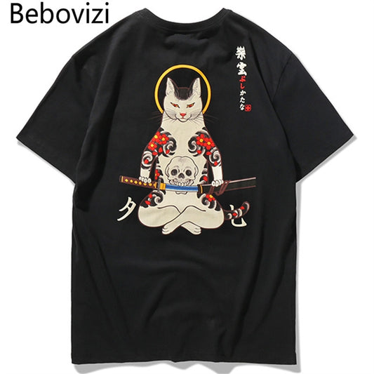 Bebovizi Brand 2018 Streetwear Japan Style Ukiyo E Funny Samurai Cat TShirts Mens Short Sleeve T-shirts Hip Hop Embroidery Tees