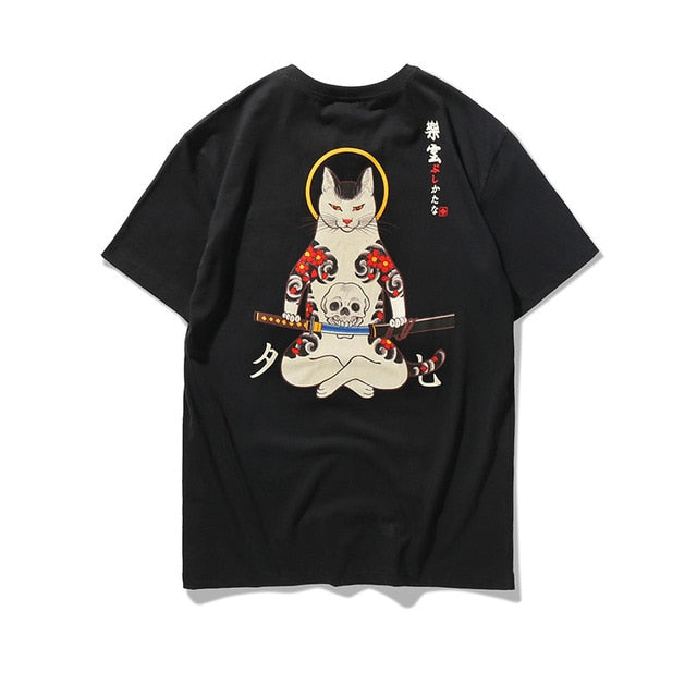 Bebovizi Brand 2018 Streetwear Japan Style Ukiyo E Funny Samurai Cat TShirts Mens Short Sleeve T-shirts Hip Hop Embroidery Tees