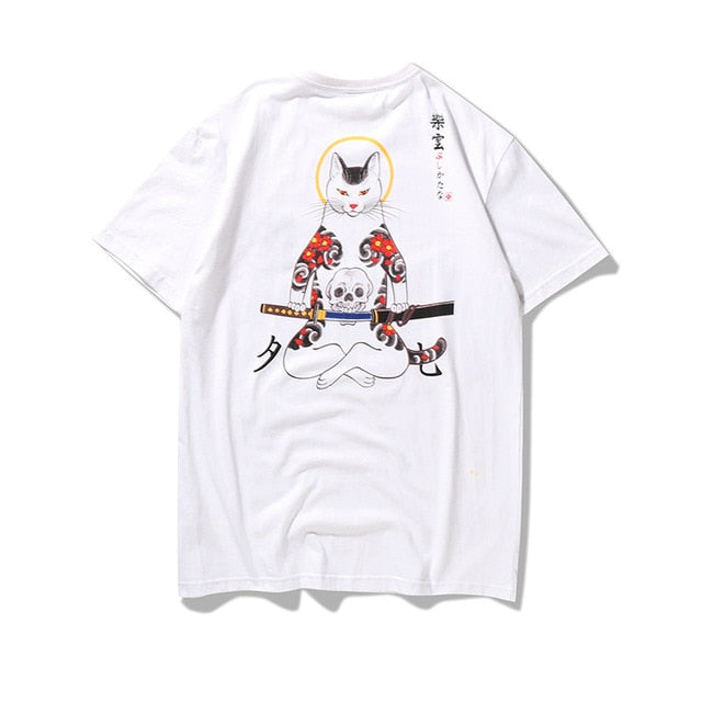 Bebovizi Brand 2018 Streetwear Japan Style Ukiyo E Funny Samurai Cat TShirts Mens Short Sleeve T-shirts Hip Hop Embroidery Tees