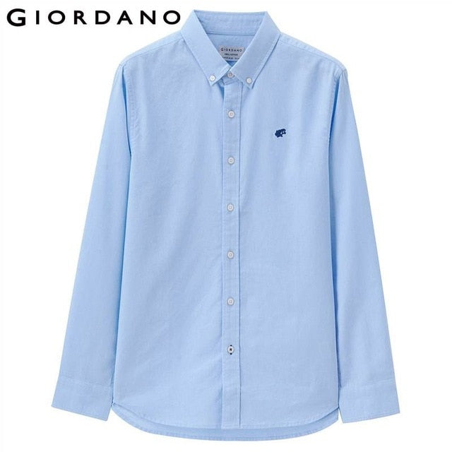 Giordano Men Shirt Men Embroidery Frog Pattern Camisa Masculina Long Sleeve Oxford Shirt Quality Fabric Social Casual Shirts