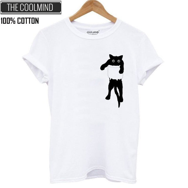 COOLMIND QI0232B 100% cotton cat print women T shirt casual short sleeve Tshirt female o-neck loose women t-shirt tops tee shirt