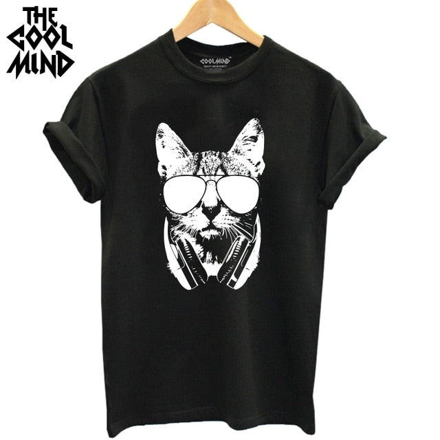 COOLMIND QI0232B 100% cotton cat print women T shirt casual short sleeve Tshirt female o-neck loose women t-shirt tops tee shirt