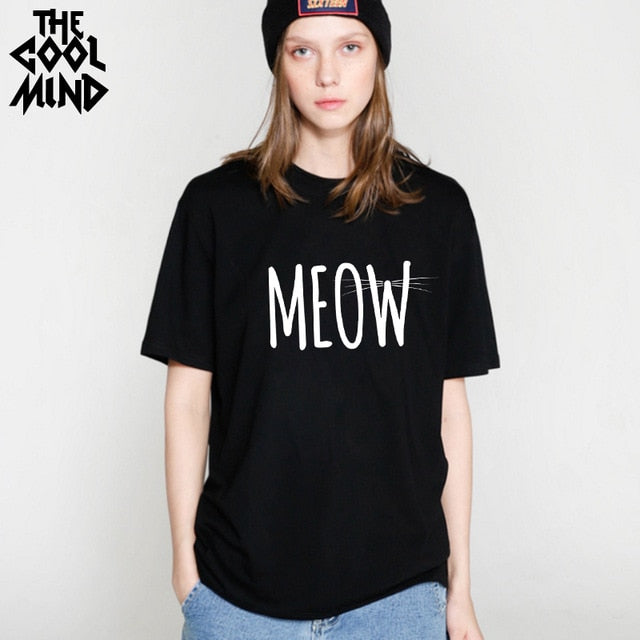 COOLMIND QI0232B 100% cotton cat print women T shirt casual short sleeve Tshirt female o-neck loose women t-shirt tops tee shirt