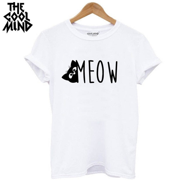 COOLMIND QI0232B 100% cotton cat print women T shirt casual short sleeve Tshirt female o-neck loose women t-shirt tops tee shirt