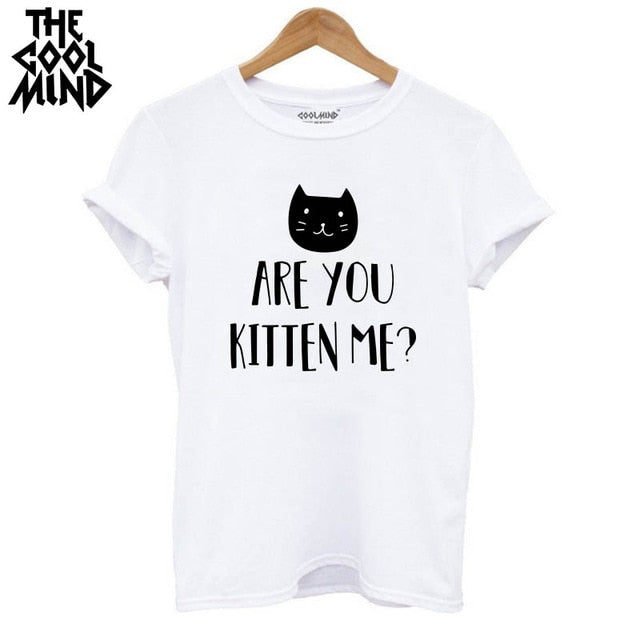 COOLMIND QI0232B 100% cotton cat print women T shirt casual short sleeve Tshirt female o-neck loose women t-shirt tops tee shirt