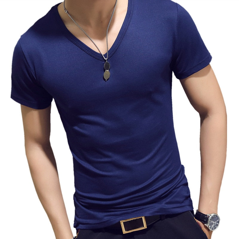 Elastic V Neck Men T Shirt Mens Fashion Short Sleeve Tshirt Fitness Casual Male T-shirt Brand Clothing Tee Tops 5XL