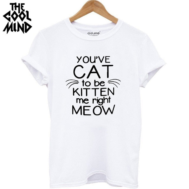 COOLMIND QI0232B 100% cotton cat print women T shirt casual short sleeve Tshirt female o-neck loose women t-shirt tops tee shirt