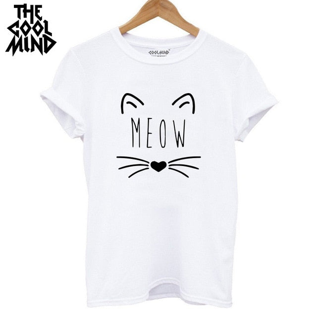 COOLMIND QI0232B 100% cotton cat print women T shirt casual short sleeve Tshirt female o-neck loose women t-shirt tops tee shirt