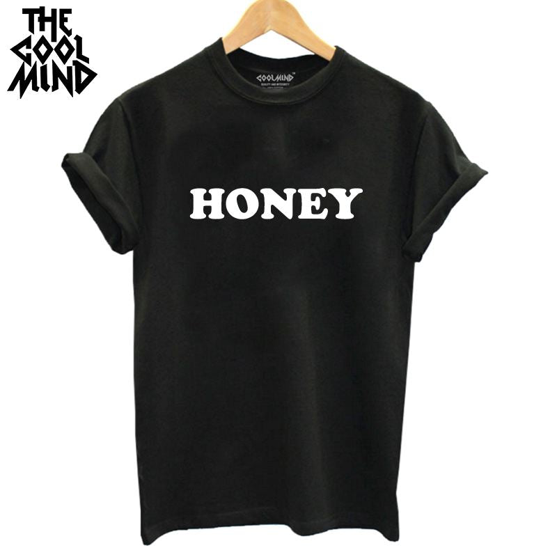 COOLMIND WR0411B cotton short sleeve t shirt women fashion honey print o-neck women tshirt female summer t-shirt 2018