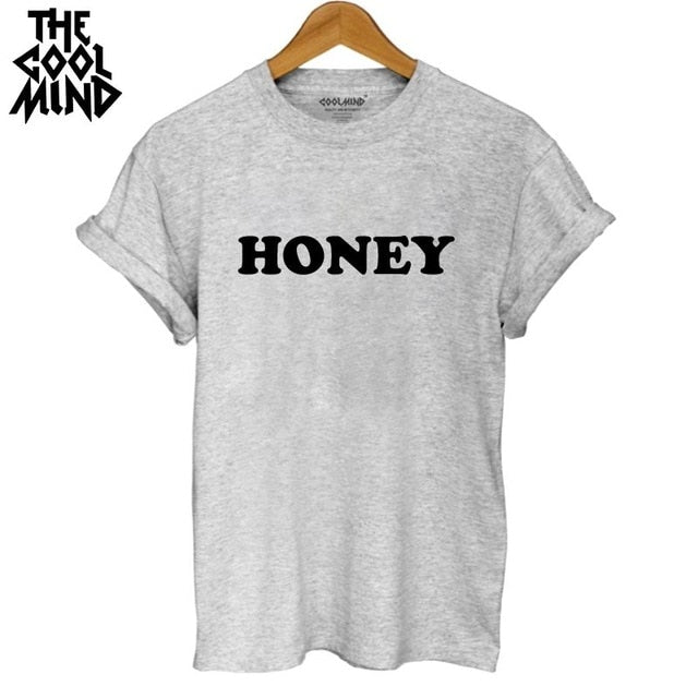 COOLMIND WR0411B cotton short sleeve t shirt women fashion honey print o-neck women tshirt female summer t-shirt 2018