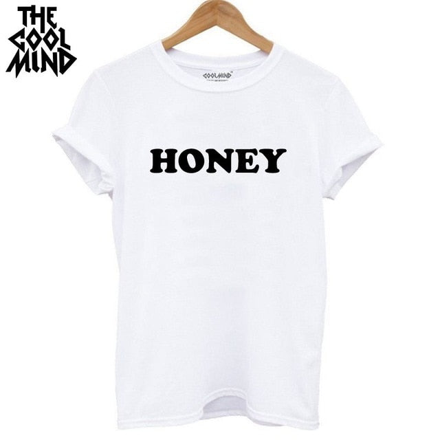 COOLMIND WR0411B cotton short sleeve t shirt women fashion honey print o-neck women tshirt female summer t-shirt 2018