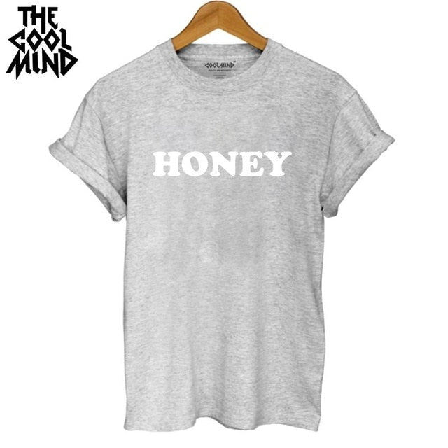 COOLMIND WR0411B cotton short sleeve t shirt women fashion honey print o-neck women tshirt female summer t-shirt 2018