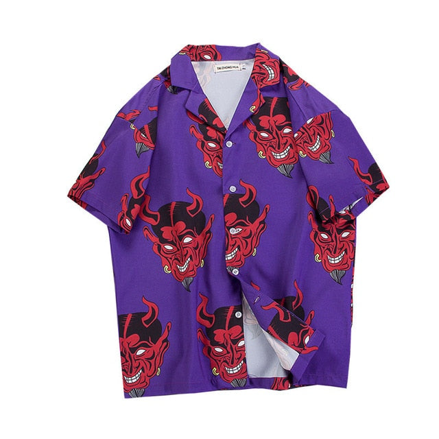 hip hop streetwear shirts men Devil Full Printing short sleeve summer floral rapper harajuku loose hawaiian korean shirts camisa