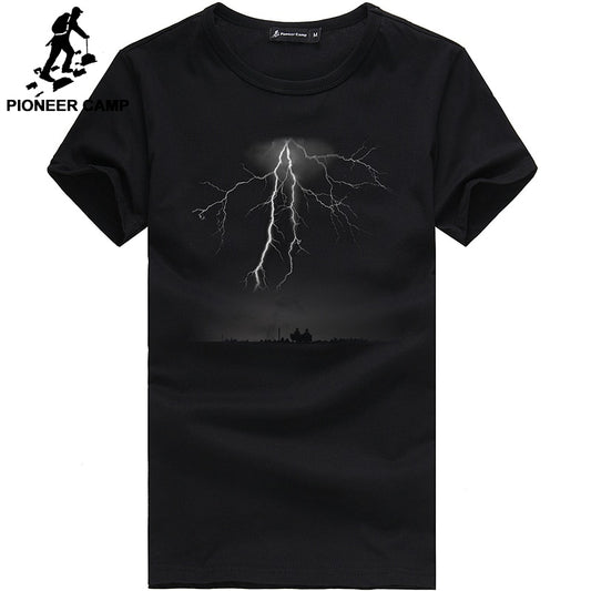 Pioneer Camp Lightning Printed tees Men Black T Shirt Men Fashion men  Casual brand Clothing Cotton T-shirt 405043