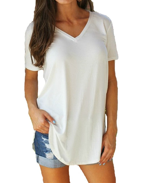 2018 Summer T Shirt Large Sizes Women T-shirt Solid V Neck Short Sleeve Rounded Hem Long tshirt Casual Top female Tunic