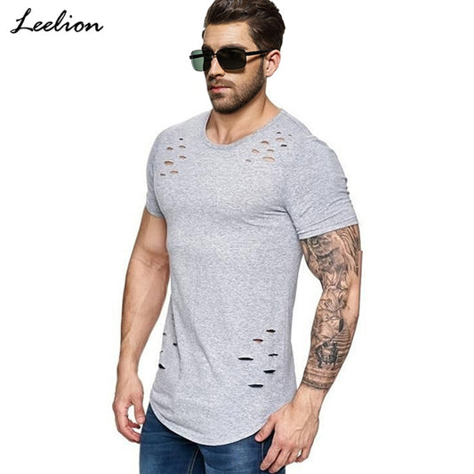 IceLion 2019 New Spring Short T Shirt Men Fashion Hole Design Fitness T-shirt Summer Short Sleeve Solid Slim Fit Hip Hop Tshirt