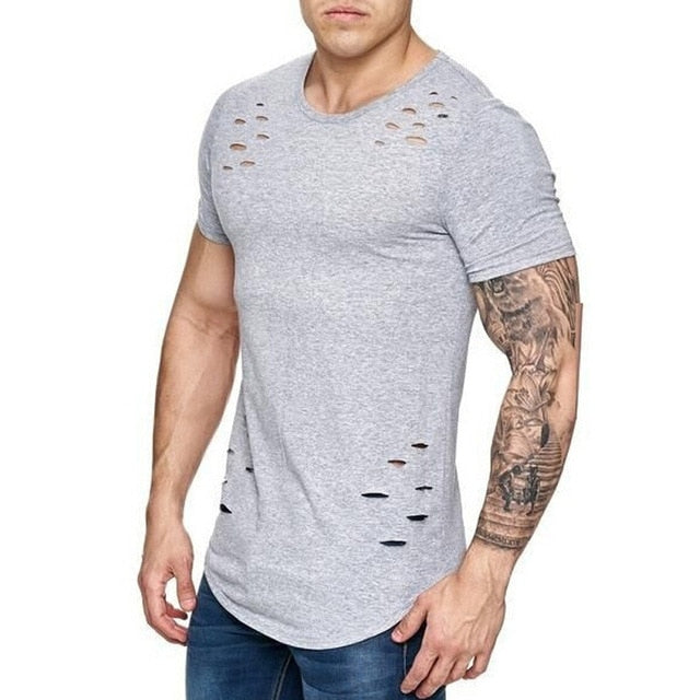 IceLion 2019 New Spring Short T Shirt Men Fashion Hole Design Fitness T-shirt Summer Short Sleeve Solid Slim Fit Hip Hop Tshirt