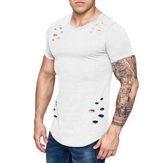 IceLion 2019 New Spring Short T Shirt Men Fashion Hole Design Fitness T-shirt Summer Short Sleeve Solid Slim Fit Hip Hop Tshirt