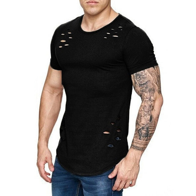 IceLion 2019 New Spring Short T Shirt Men Fashion Hole Design Fitness T-shirt Summer Short Sleeve Solid Slim Fit Hip Hop Tshirt