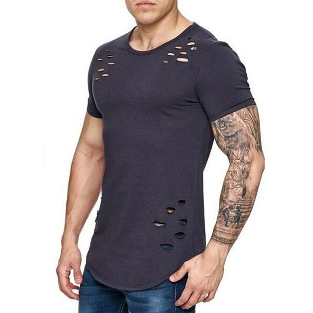 IceLion 2019 New Spring Short T Shirt Men Fashion Hole Design Fitness T-shirt Summer Short Sleeve Solid Slim Fit Hip Hop Tshirt