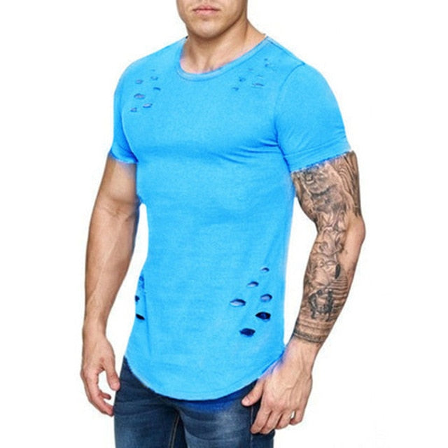 IceLion 2019 New Spring Short T Shirt Men Fashion Hole Design Fitness T-shirt Summer Short Sleeve Solid Slim Fit Hip Hop Tshirt