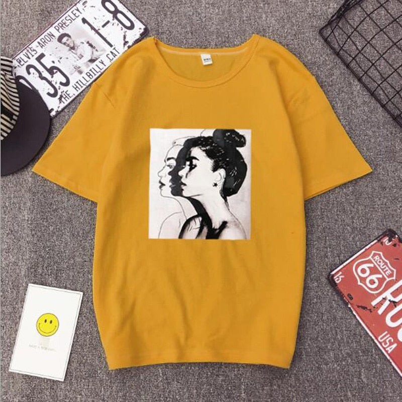 New Fashion T shirt Woman Spring Summer Girls Print Short Sleeve O Neck Cotton Spandex Women Top Slim Fit Soft Women Tshirt