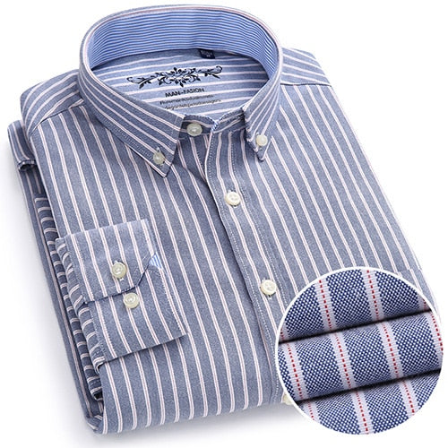 Men's Long Sleeve Plaid/Striped Oxford Dress Shirt Single Patch Pocket with Box-pleated Back Yoke Regular-fit Button Down Shirts