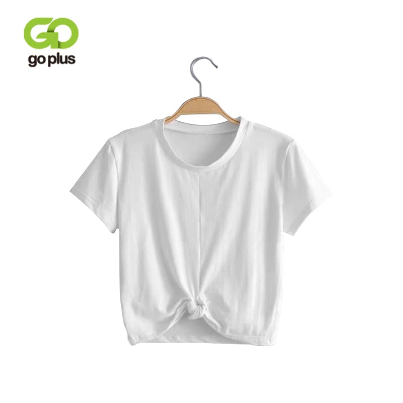 GOPLUS 2019 Summer Tops Sexy Women T-Shirt Tie Front O-Neck Short Sleeve T Shirt Bow Loose Casual Tee Shirt Female Crop Top