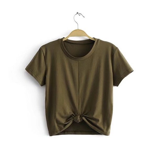 GOPLUS 2019 Summer Tops Sexy Women T-Shirt Tie Front O-Neck Short Sleeve T Shirt Bow Loose Casual Tee Shirt Female Crop Top