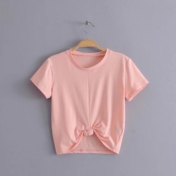 GOPLUS 2019 Summer Tops Sexy Women T-Shirt Tie Front O-Neck Short Sleeve T Shirt Bow Loose Casual Tee Shirt Female Crop Top