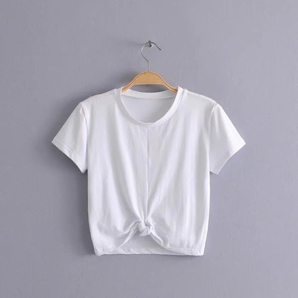 GOPLUS 2019 Summer Tops Sexy Women T-Shirt Tie Front O-Neck Short Sleeve T Shirt Bow Loose Casual Tee Shirt Female Crop Top