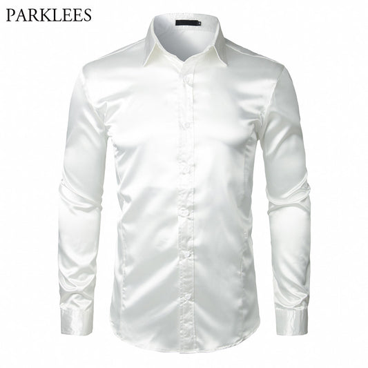 Stylish White Silk Satin Shirt Men Chemise Homme 2018 Casual Long Sleeve Slim Fit Mens Dress Shirts Business Wedding Male Shirt