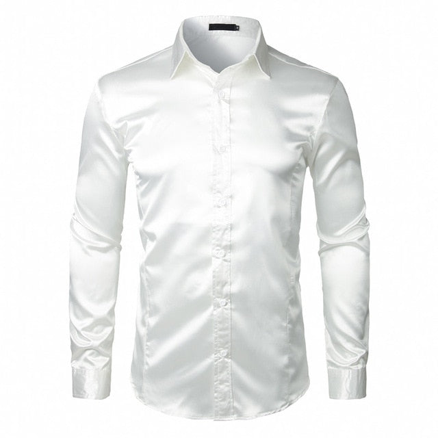 Stylish White Silk Satin Shirt Men Chemise Homme 2018 Casual Long Sleeve Slim Fit Mens Dress Shirts Business Wedding Male Shirt